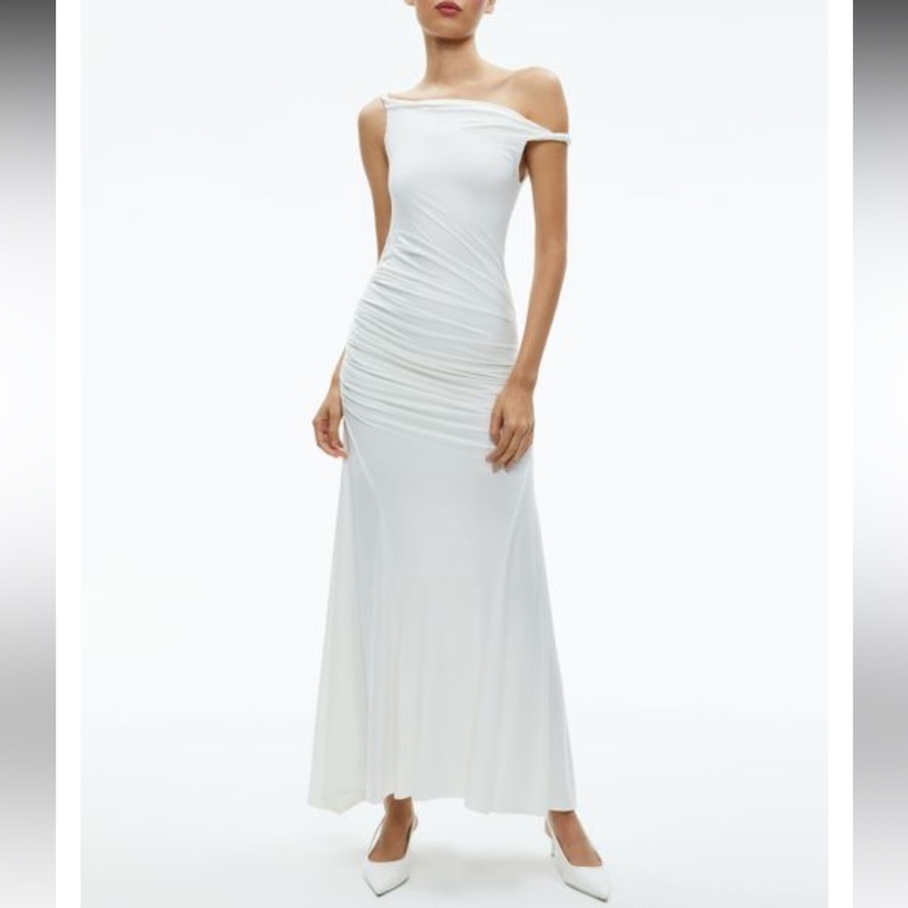Alice + Olivia White One-Shoulder Ruched Maxi Dress